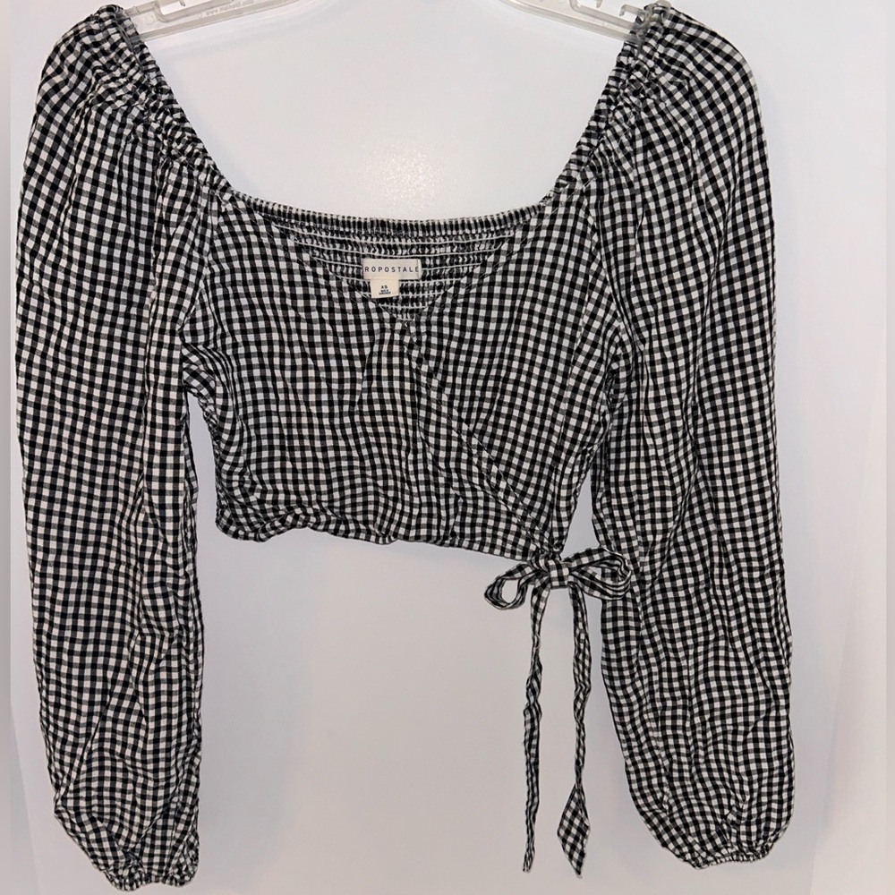 Aeropostale crop top long sleeve‎ black white checked ruched back sz XSMALL